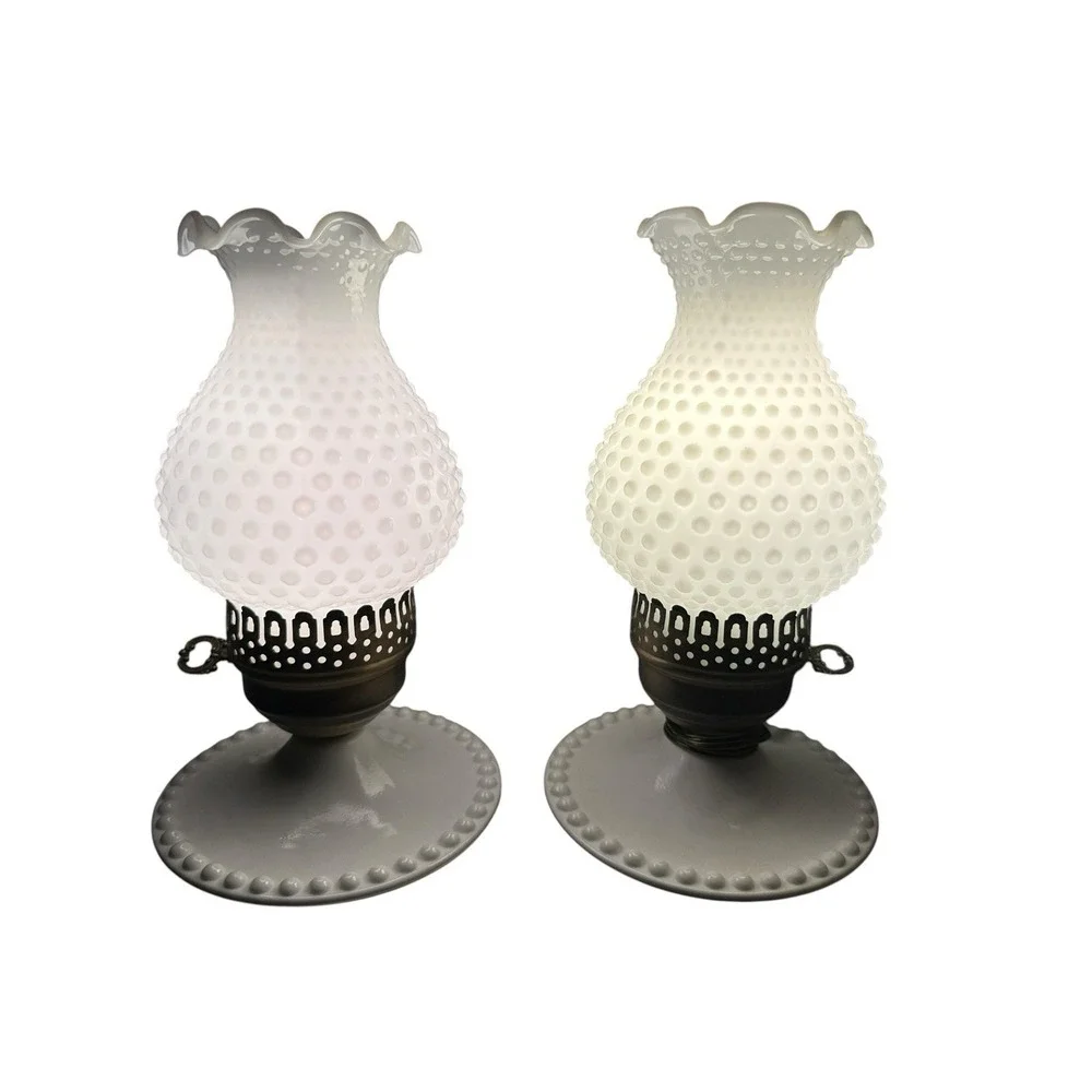 Hobnail Milk Glass Hurricane Lamps Vintage Fenton Style Working Set Pair of 2